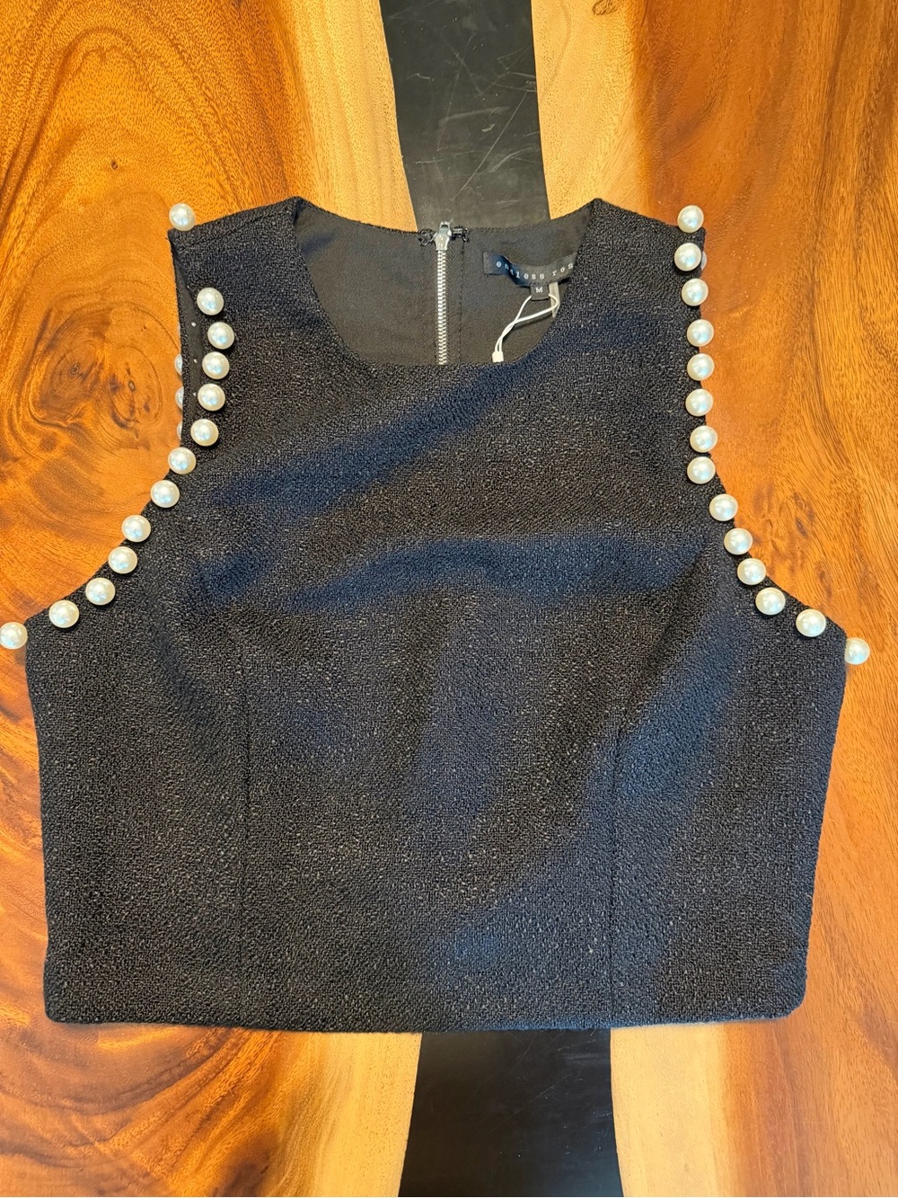 Vici Black Pearl-Trim Sleeveless Crop Top